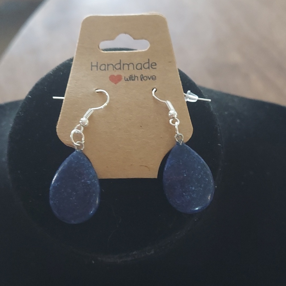 Hand Crafted Navy Blue Teardrop Stone Earrings - Picture 2 of 4